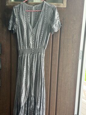 Young Fabulous & Broke Sage Gray Eyelet Maxi Dress with Button Front